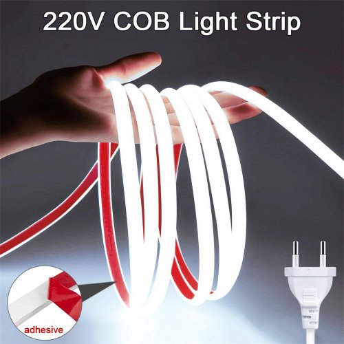 Image of High-Brightness 220V COB LED Strip Lights – IP65 Waterproof, Flexible Adhesive Ribbon for Indoor & Outdoor Room, Garden, and Patio Lighting