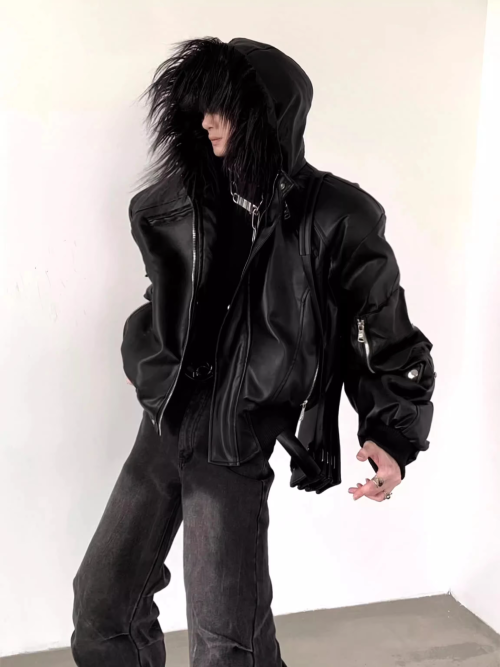 Bild von Coole Herren Lederjacke mit Kapuze – Schwarz & Übergroß