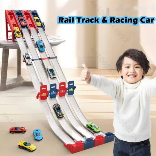 Afbeelding van Speelgoed Treinwagonbaan met Racebaan en Legering Auto – Competitief Speelspel voor Kinderen met Katapultfunctie