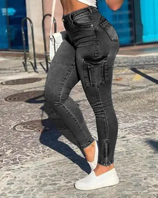 Image de Jeans slim taille haute femme, boutons & zip, couleur unie été 2026