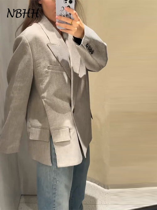 Imagen de Blazer asimétrico gris holgado y elegante para mujer, chaquetas de traje divididas de manga larga con solapa, prendas de vestir a la moda para Otoño e Invierno 2025