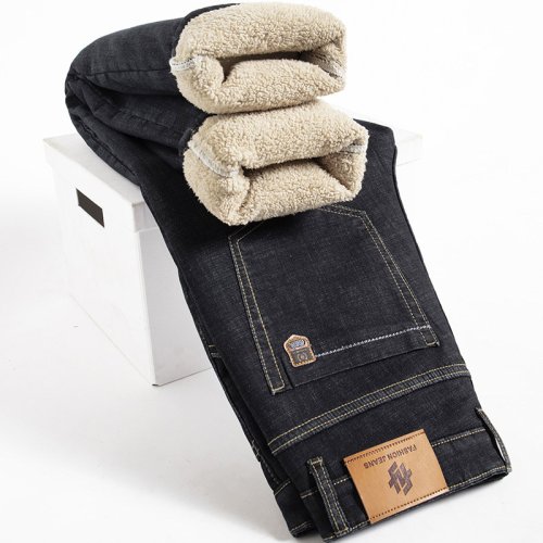 Winter Lam Pluis Denim Rechte Broek voor Mannen - Dikke Big Size 40 Jeans met Hoge Taille, Stretch, Fleece Gevoerd en Warme Slanke Vaqueros