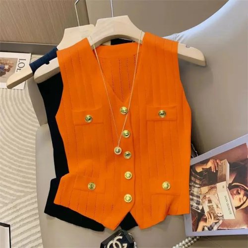 Imagen de Chalecos tejidos a la moda para mujer, chaqueta con diseño de un solo botón de Metal, Tops sin mangas, nuevo suéter fino informal para primavera y verano 2025 para mujer