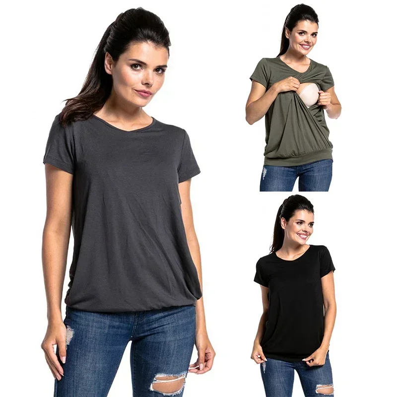 Immagine di T-Shirt Donna in Puro Colore a Maniche Corte - Abbigliamento Premaman, Camicetta Incinta con Funzione Allattamento