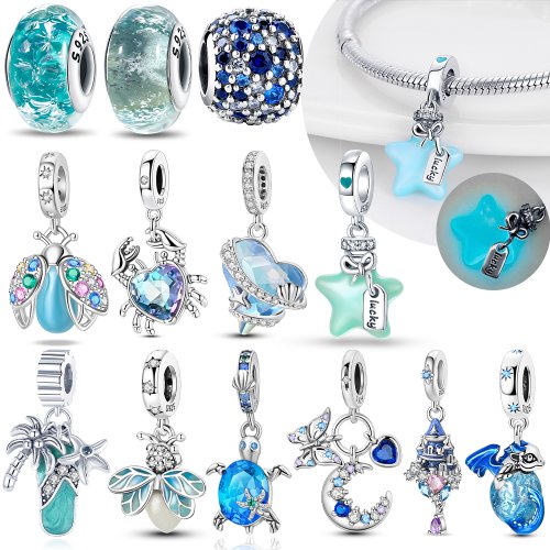 Image de Breloques Argent 925 Bleu Étoiles & Cœur - Idéal pour Bracelets