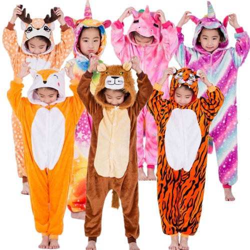 Immagine di Per bambini Unicorno Tigre Leone Volpe Cervo Sika Kigurumi Kid Tutina Pigiama Costumi Cosplay per la Festa di Carnevale di Halloween