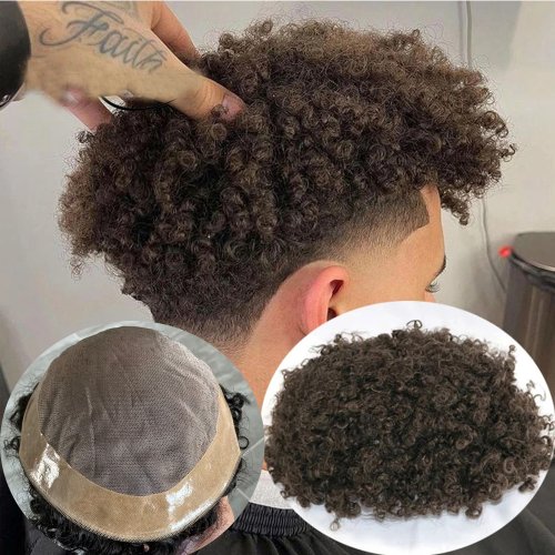 Image of Natural Black Men's Kinkly Curly 8mm Afro Toupee - 100% Human Hair Mono Lace Front with PU Surround for African American Males