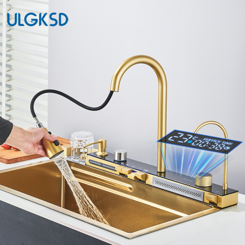 Imagen de Grifería de Cocina Moderna con Pantalla Digital Integrada, Diseño Cascada en Acero Inoxidable 304 Dorado Pulido y Botón de Ranura Única Grande
