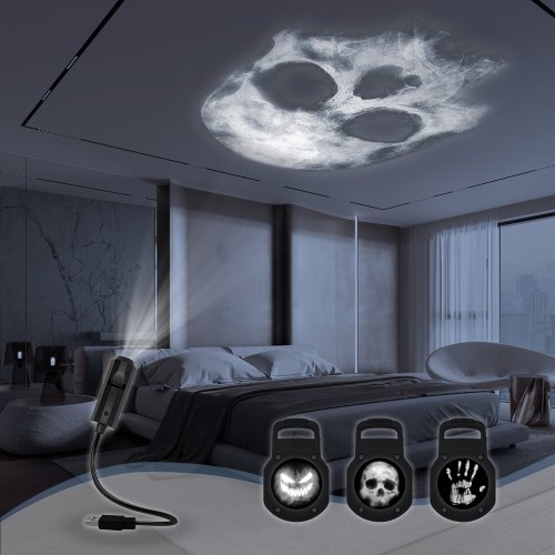 Immagine di Lampada da Proiezione con Design Teschio, Luce Notturna LED con Motivo Commutabile per Decorazione di Stanza, Ideale per Halloween e Ambiente Fantastico