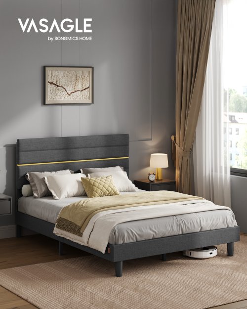 Image of Double Bed, Bed Frame, Suitable for a 140 x 190 cm Mattress, Adjustable Upholstered Headboard, Metal, Solid Wood, Modern