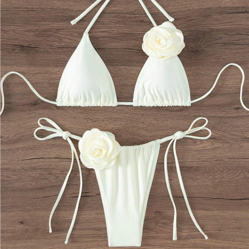 Image of Elegant 3D Floral Halter Strappy Bikini Set for Women – Stylish Two-Piece Swimwear with Sexy Design