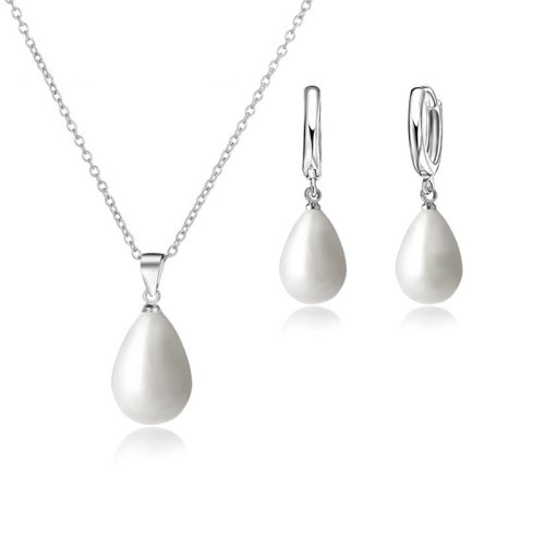 Zdjęcie 925 Sterling Silver Color Pearl Pendant Necklace Loop Hoop Earrings White Teardrop Women Girls Wedding Party Nice Gifts