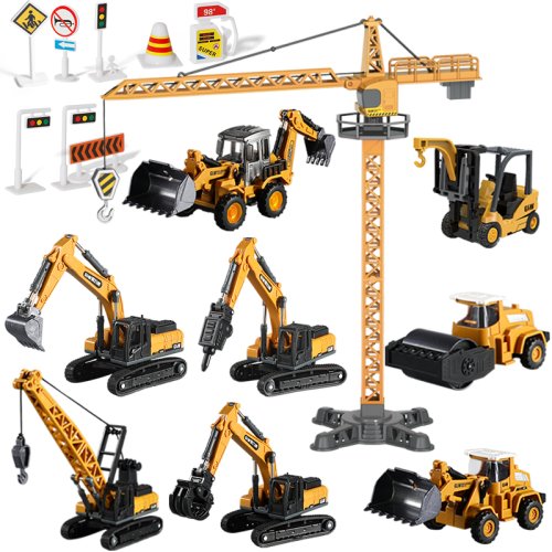 Afbeelding van Gele Mini Bouwvoertuig met Inertie - Diecast Heftruck, Driller en Road Roller Speelgoed voor Jongens van 3+