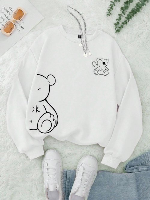 Immagine di Felpa da Donna Autunno Inverno Kawaii con Stampa Grafica Ok Bear, Pullover Morbido in Pile con Collo a O, Abbigliamento Sportivo di Tendenza