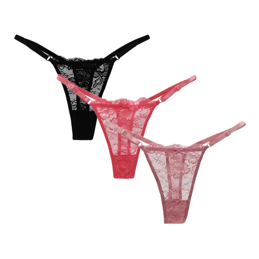 Imagen de 3 uds. Bragas tipo Tanga transparentes sexis ajustables, ropa interior de encaje para mujer, calzoncillos de cintura baja con espalda en T para mujer