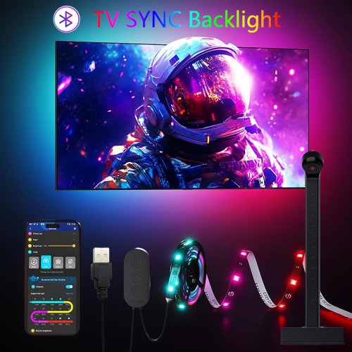 Afbeelding van LED Strip Verlichting met TV-Sync en Kleurcapture Sensor – Flexibel RGBIC Lichtlint met Bluetooth App & Afstandsbediening via USB