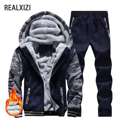 Afbeelding van Winterjassen voor heren Dikke warme jas Merk sportkleding Jas Broek Effen kleur Fleece Rits Capuchon Lange mouwen Mannelijke bovenkleding