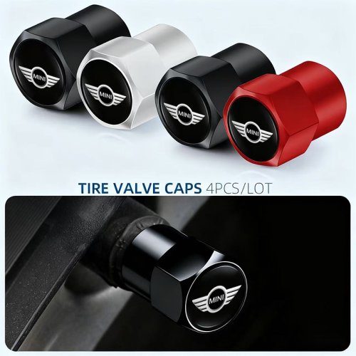 Image of 4-Piece 3D Metal Tire Valve Caps for Mini Cooper JCW, Works, F54, F55, F56, F57, F60, R50, R52, R53, R55, R56, R57, R58 – Premium Car Tyre Air Stem Covers