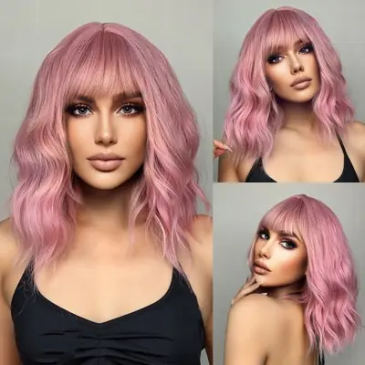 Image de Perruque Rose Ondulée Courte - Style Naturel & Chaleureux