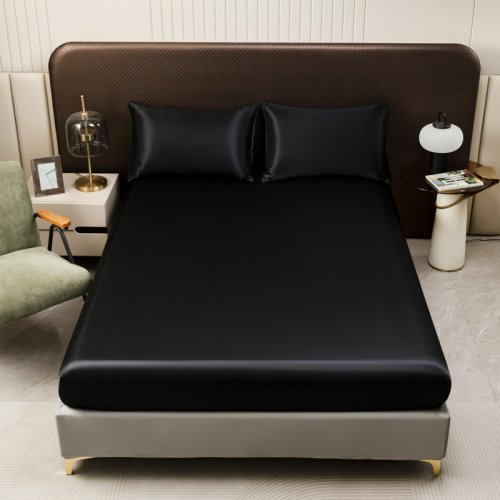 Image of 1Pc Satin Fitted Sheet Solid Colour Twin Full Queen Ice Silk Mattress Cover Natural With Elastic Band Bed Sheet (No Pillowcase)