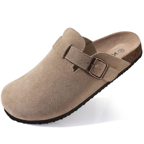 Image of Comfortable Women's Suede Clogs with Cork Footbed and Arch Support – Classic Leather Mules for Beach and Everyday Wear
