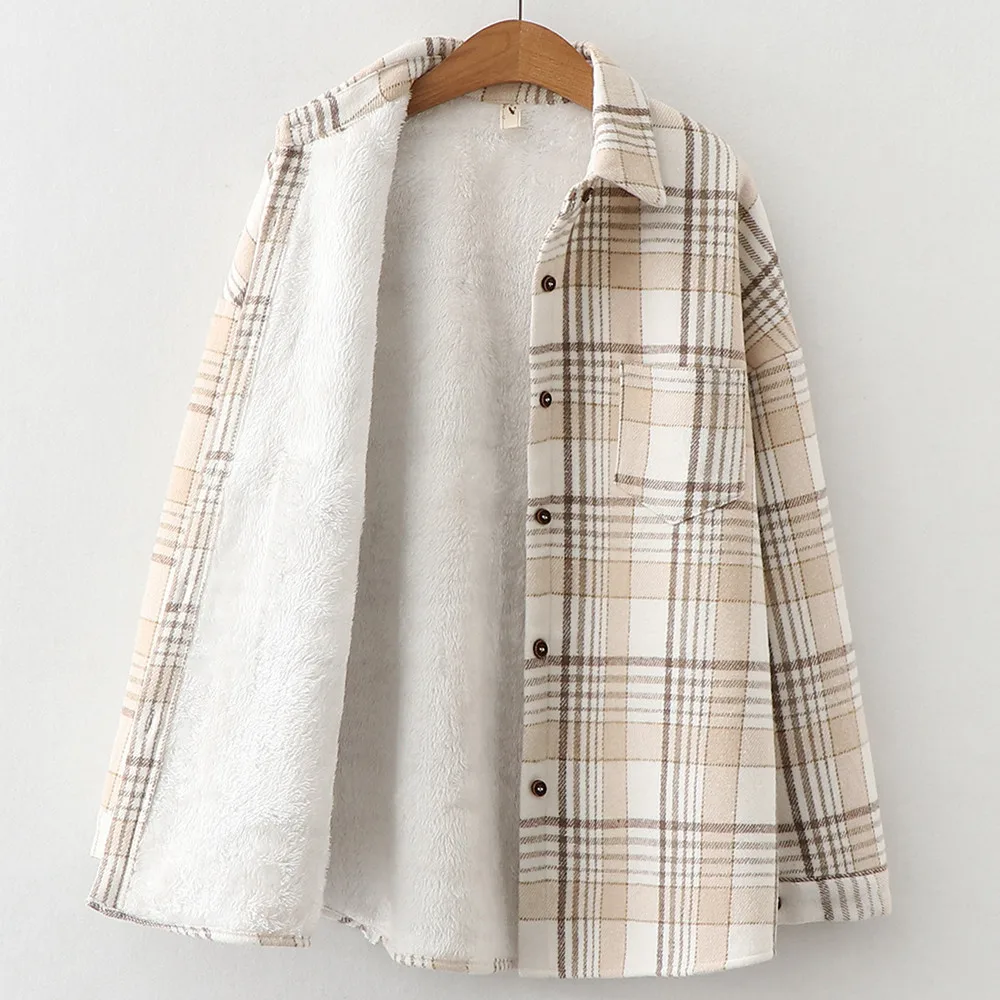 Immagine di Camicia a quadri in velluto spesso per donna, stile autunno-inverno, calda e confortevole, modello slim fit, elegante e casual, perfetta come top o outwear