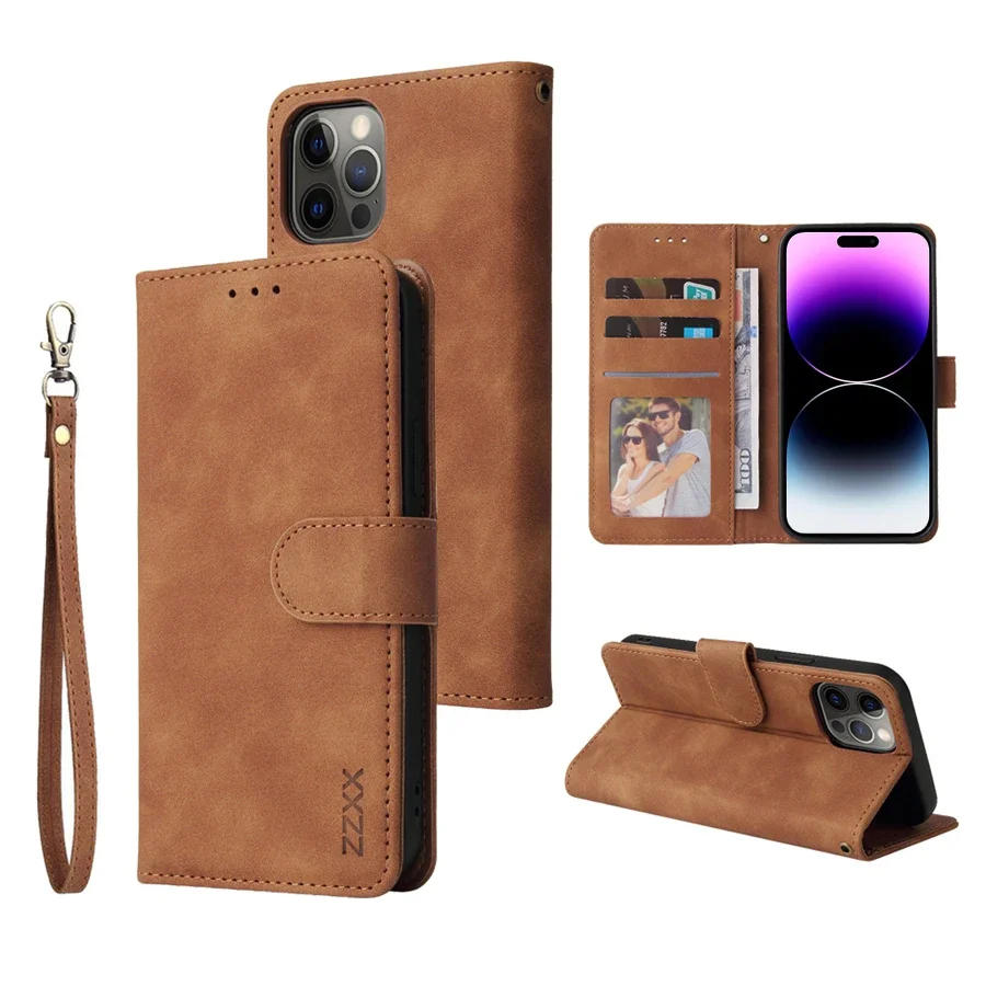 Immagine di ZZXX Custodia per telefono a portafoglio in pelle per iPhone 16e 16 Pro Max 15 14 13 Mini 12 11 X XS XR SE2 8 7 6s Plus Flip Card Slot Holder Cover