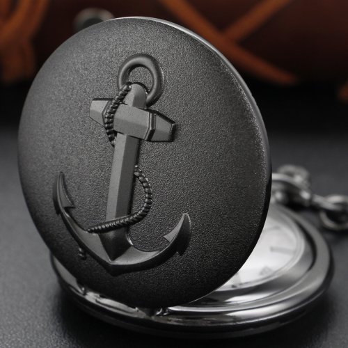 Image of Exquisite Ship Anchor Rudder Pattern Roman Numerals Quartz Pocket Watch Men's Black Fob Chain Accessory Clock Necklace Gift