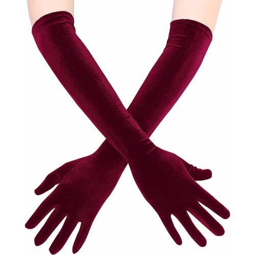 Immagine di Guanti lunghi da donna in velluto nero e bordeaux a 4 colori, classici, elasticizzati, per opera, feste di matrimonio o costumi coordinati