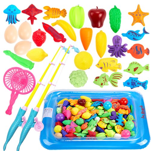 Immagine di Set da Pesca Magnetica per Bambini con 30 Pezzi, Canne da Pesca, Reti e Gonfiatore per Piscina Gonfiabile - Gioco All'Aperto per Bambini