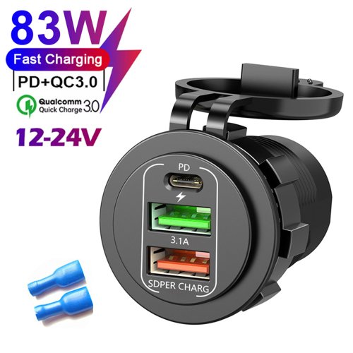 Afbeelding van Waterdichte 83W Max Motorlader Socket PD30W Snel Opladen 22.5W Dual USB + Type C Outlet Telefoon Power Adapter met Voltmeter