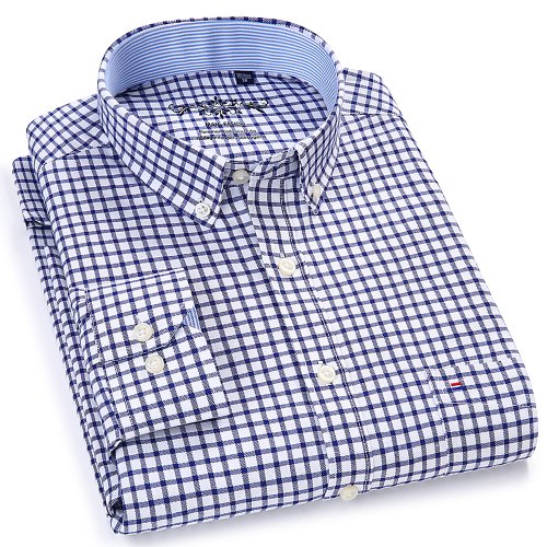 Bild von Herren Langarm-Hemd aus Baumwollmischung – Oxford-Karo-Design mit Brusttasche, Button-Down-Kragen, Regular Fit für Frühling und Herbst