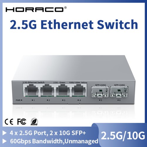 Imagen de Conmutador de Red 2.5Gbps con 4 Puertos RJ45 2.5G y 2 Puertos SFP 10G, Plug and Play, Sin Ventilador, No Administrado