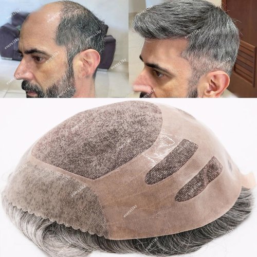 Image of Natural-Looking Men's Human Hair Toupee with Fine Mono Base and PU Bonded Cap for Seamless Hairline Replacement