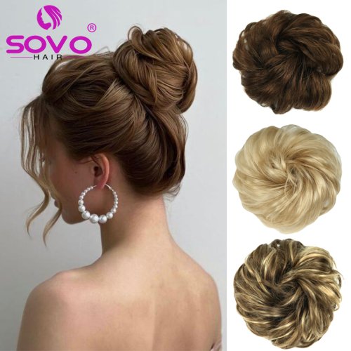 Bild von Natürliche Echthaar-Dutt-Erweiterung in Brauntönen – Unordentlicher Rosen-Dutt mit gewellten Locken für einen voluminösen, trendigen Haarlook