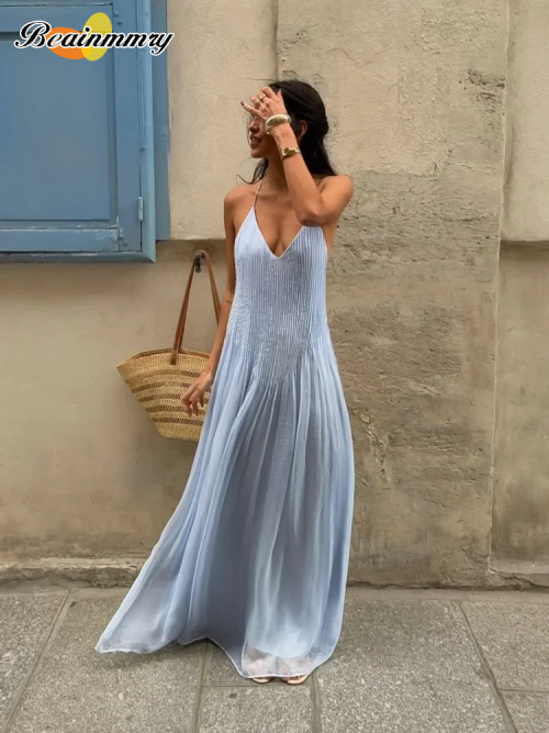 Image of Elegant Blue Pleated Sleeveless Backless Off-Shoulder Long Dress for Women – Slim Fit Sling Maxi Dress Perfect for Beach Parties and Evening Events