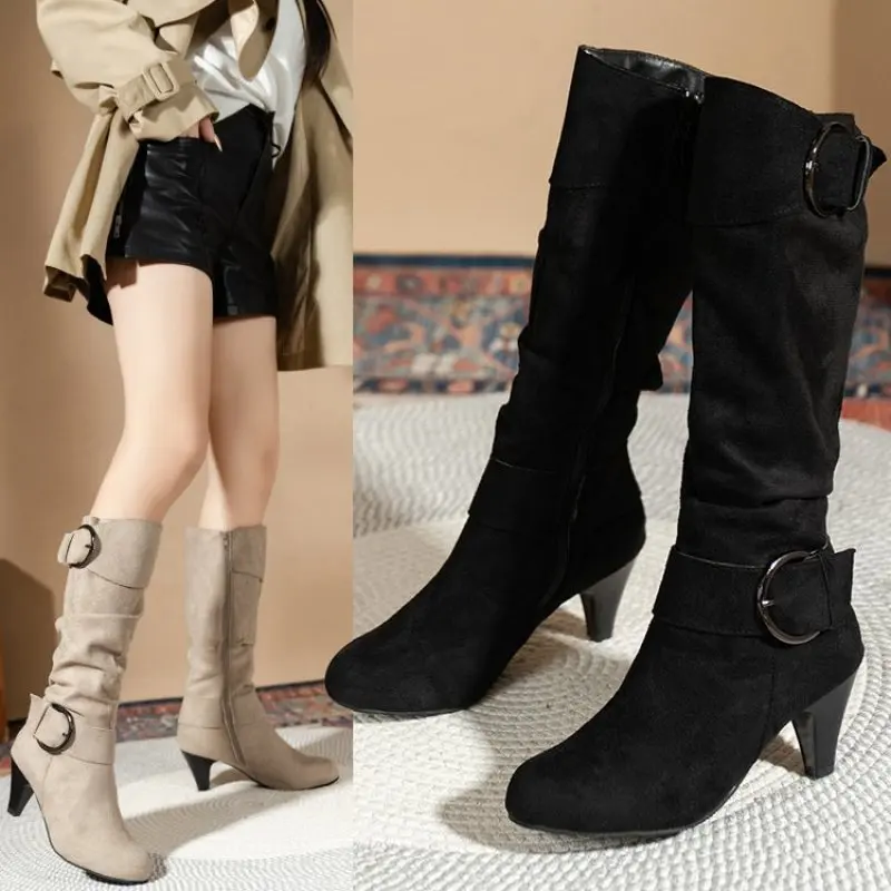 Image of Knee-high Zipper Women's Modern Boots Women's Shoes High Quality New Pointed Toe Solid English Style Fashion Casual Plus Size 43