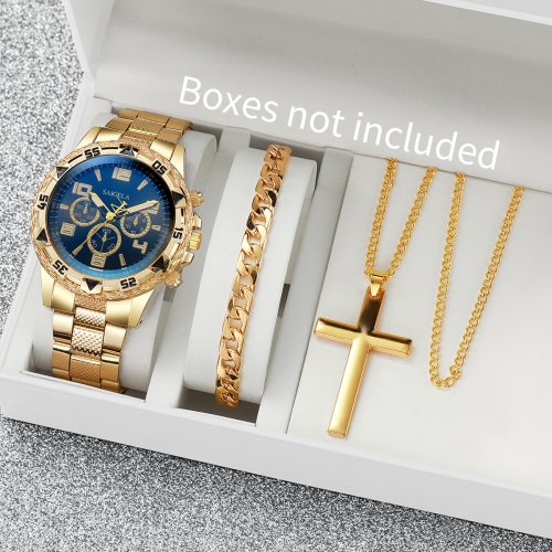 Image of 3PCS/Set Fashion Men's Quartz Watch Luxury Large Dial Men Business Watches Necklace Bracelet Set Reloj Hombre（Without Box）