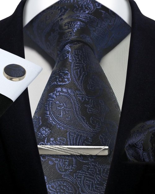 Zdjęcie Elegancki Zestaw Krawatu i Spinek – Srebrny Paisley
