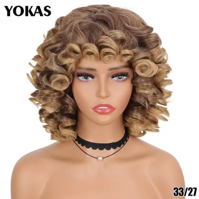 Image de Perruque Afro Bouclée Synthétique avec Frange - Cheveux Courts Naturels