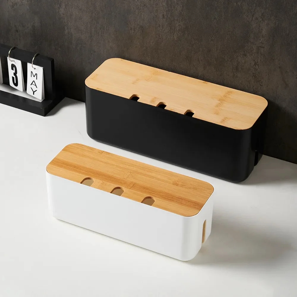 Imagen de Caja de gestión de cables con cubierta de bambú, tablero de conexiones de cables, caja de almacenamiento, tiras de alimentación ocultas, Cable de escritorio, caja organizadora de ordenador