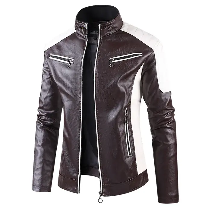 Image de Veste en Cuir Homme Col Montant - Style Moto