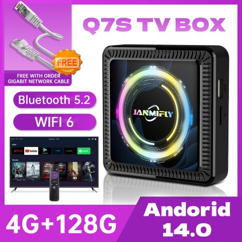 Image of Janmifly Q7S Android 14 TV Box with Allwinner H313 Octa-Core Processor, 4GB RAM, 128GB Storage, WiFi 6, 4K/6K Support, Netflix Ready Smart Media Player for Home Entertainment
