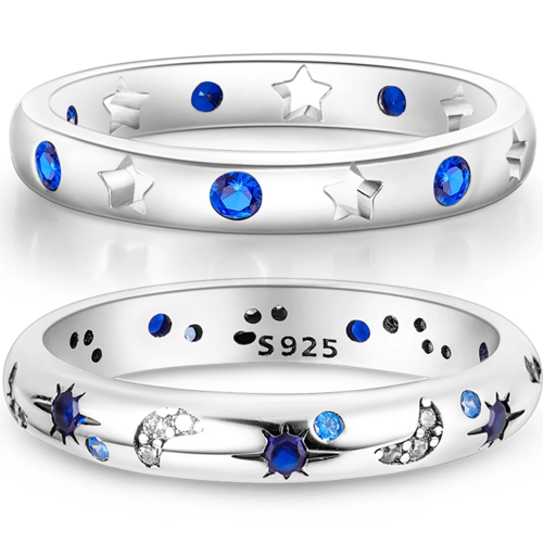 Afbeelding van Elegante Blauwe Zirkoon Ring met Ster & Maan Motief
