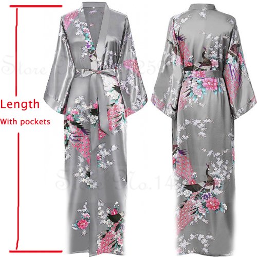Imagen de Bata de Satén Larga para Mujer - Estilo Kimono con Bolsillos
