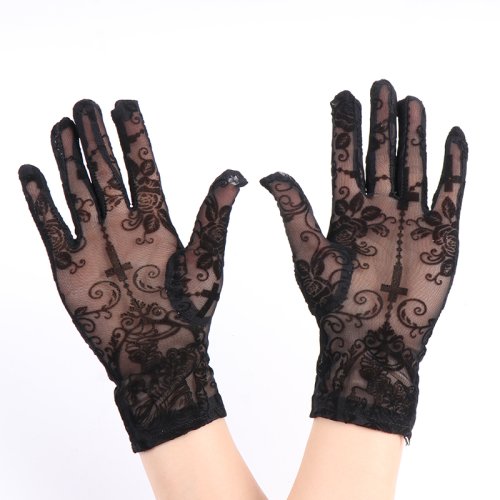 Afbeelding van 41 cm Rose Cross Diablo Stijl Sexy Kant Mesh Transparante Lange Vingerloze Handschoenen Halloween Cosplay Stage Performance Walk the Show