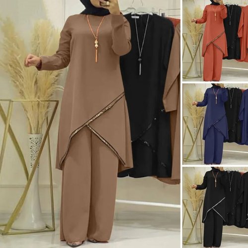 Immagine di Abbigliamento Modesto per Donne Musulmane: Set Due Pezzi con Camicetta Solida e Pantaloni a Gamba Larga, Stile Caftano Allentato per Ramadan e Occasioni Speciali in Marocco e Dubai