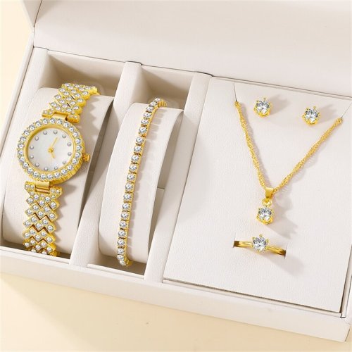 Immagine di Set Orologio da Donna di Lusso con Anello, Collana, Orecchini e Bracciale in Strass – Elegante Regalo Fashion per Occasioni Speciali