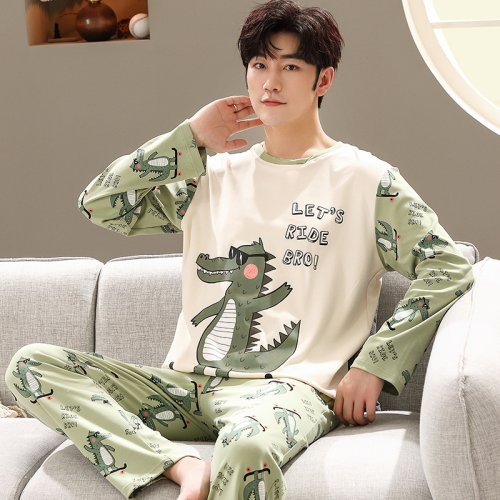 Imagen de Pijama de Primavera para Hombre con Manga Larga y Diseño de Dibujos Animados, Ropa de Dormir Cómoda de Algodón 100% para Uso Casero