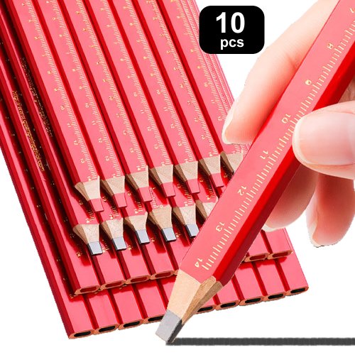 Imagen de 10 Uds. Lápices para carpintería sitio dedicado trabajadores de marcado pluma de cabeza plana madera negro octagonal rojo cuadrado líneas de dibujo